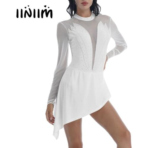 Women Halter Rhinestone Long Sleeve Dance Dress Figure Skating Artistic Gymnastic Training Performance Costume Leotard Dresses