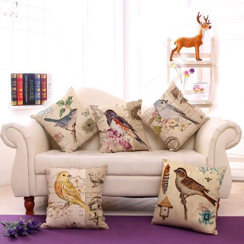 1piece New Creative Vintage Bird Hand Painting Pattern Seat hug pillow Cover Decorative Home Chair Throw Pillows Case 45x45cm