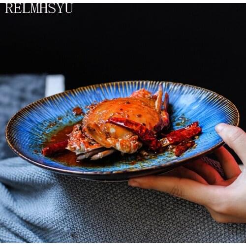 1PC RELMHSYU Japanese Style Deep Blue Ceramic Round Western Steak Pasta Fruit Salad Dinner Plate Household Tableware