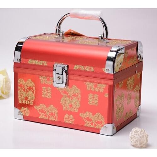 20*15*15cm Double Layers Red Suitcase for Wedding Makeup Jewelry Organizer Chinese Style Cosmetics Case Portable PU Storage Box