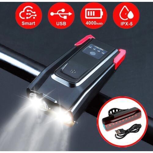 2000/4000mAh Smart Induction Bike Front Light Kit USB Rechargeable LED Taillight And Headlight With Horn FlashLight For Bicycle