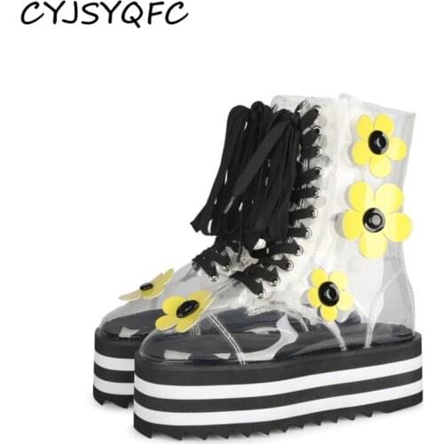 CYJSYQFC 2021 Fashion Flower Transparent PVC Women Ankle Boots Round Toe Lace Up Striped Heels Flat Platform Ladies Short Boots