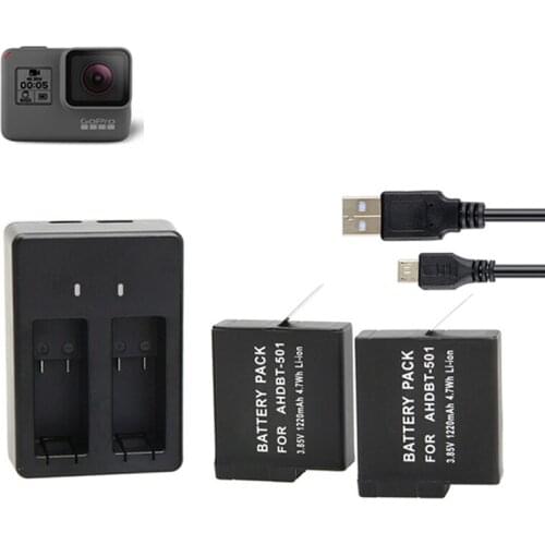 2x Rechargeable Batteries + Dual Charger For GoPro 5 6 7 action Camera Go Pro Hero 7 Hero 6 Hero 5 Black Accessories