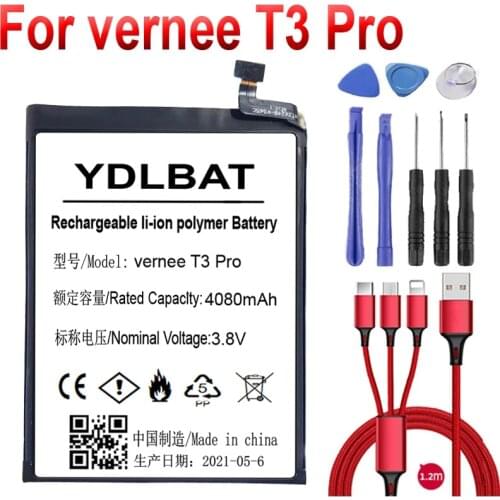 Battery for vernee T3 Pro battery 4080mAh Long standby time Gift dismantling tools for vernee 476180P battery
