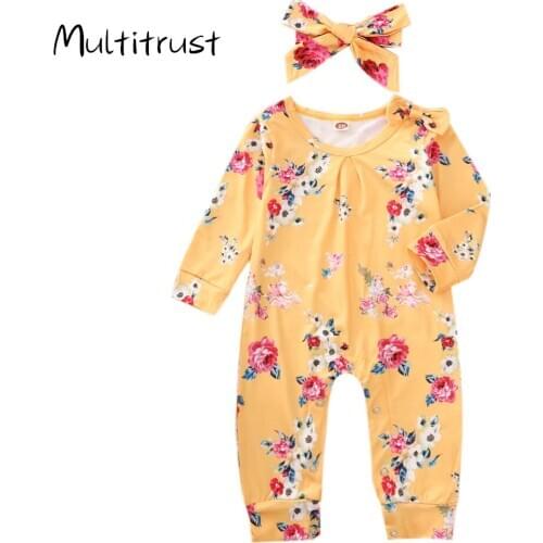 Infant Autumn Baby Girls Romper Long Sleeve Round Neck Floral Printed Rompers Jumpsuit +Headband 2pcs
