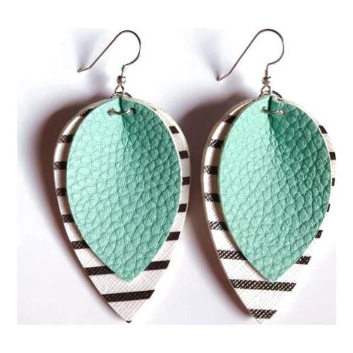 Double Layer Glitter Leopard Faux Leather Teardrop Leaf Earrings For Women Black And White Striped Layered Water Drop Earrings F