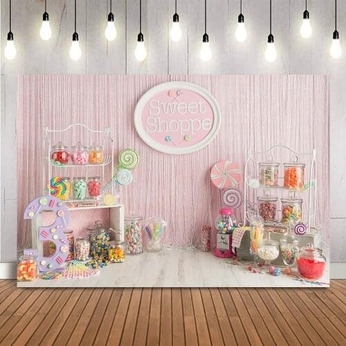 Sweet Shoppe Backdrop for Cake Smash Photography 3th Birthday Party Decoration Candy Bar Pink Curtain Photo Background Prop