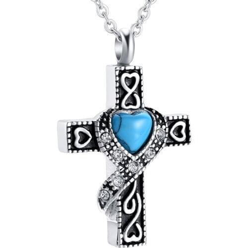 IJD9699 Stainless Steel Inlay Crystal Cross Cremation Memorial Pendant for Ashes Urn Keepsake Souvenir Jewelry for Men