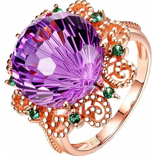 Vintage carving purple crystal amethyst gemstones diamonds rings for women 14k rose gold color jewelry bijoux party gift fashion