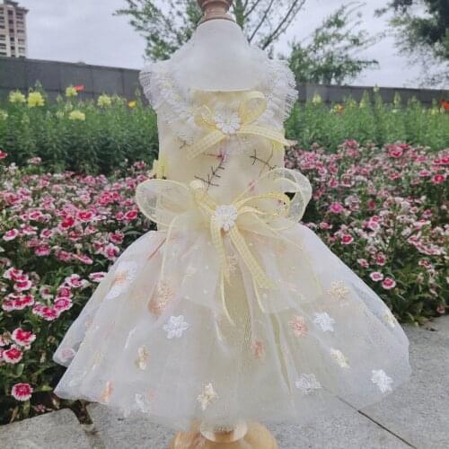 Summer Pet Dog Sling Princess Girl Dress Fine Embroidered Flower Bowknot Handmade Tutu Dress For Small Medium Puppy Dog Clothes