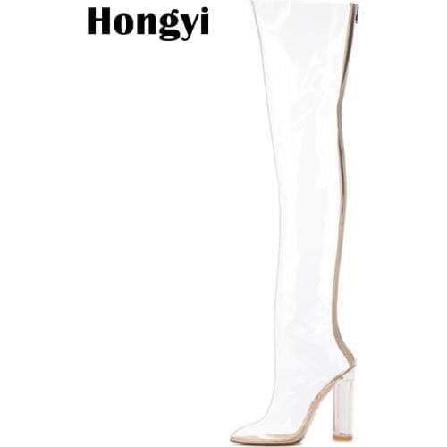 Fashion Transparent Over The Knee High Heel Thigh High Boots Women Pointed toe PVC Rain Boot