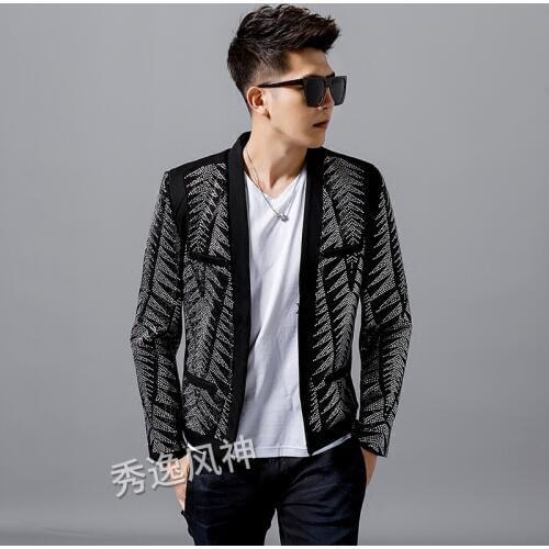 Pattern Hot Drilling Mens Wear Trend Light Drill Mans Suit Nightclub Self-cultivation Suit Loose Coat Jacket Fashion Heavy