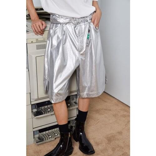 Mens Loose Thin Pu Leather Knee Length Casual Shorts Summer Black Silver C3