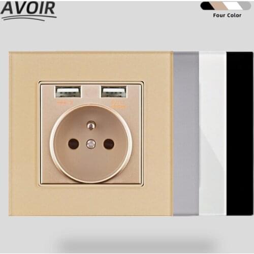 Avoir Wall Socket With USB Electrical Outlets FR Standard Plug Black Crystal Glass Panel Power Sockets 86mm * 86mm 16A 110V 250V
