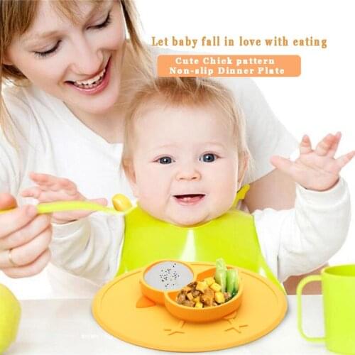 Non-slip Strong Sticky Divided Silicone Dinner Mat Food Plate Bowl Lovely Chick Cartoon Style Silica Gel for Kids Dinner Plate