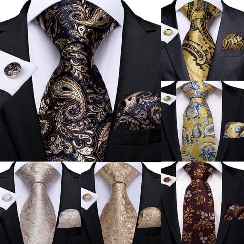 New Designer Fashion Men Tie Gold Blue Yellow Paisley High Quality Silk Wedding Tie For Men DiBanGu Hanky Cufflink Gift Tie Set