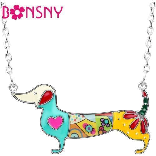 Bonsny Statement Metal Alloy Enamel Dachshund Dog Necklace Pendant Chain Collar Fashion Animal Jewelry For Women Girls Wholesale