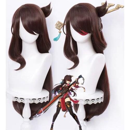 Genshin Impact Beidou Cosplay Wig Dark Red Brown Hair Detached Buns Cosplay Anime Wigs Heat Resistant Synthetic Wigs Halloween