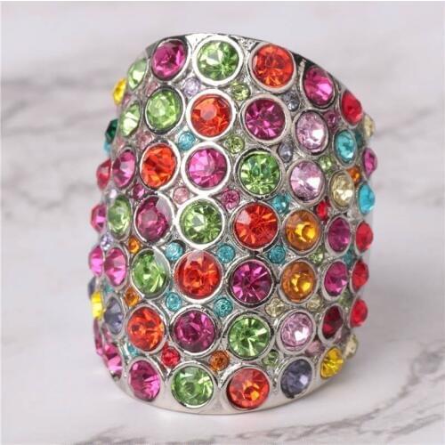 YWOSPX Luxury Multicolor Zircon Anel Silver Color Big Rings for Women Jewelry Wedding Anillos Engagement Statement Ring Gift