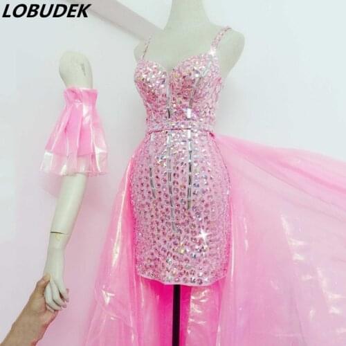 Pink Full Rhinestones Strap Dress Mesh Yarn Tail Women Nightclub Stage Outfit Bar Singer Dancer Performance One Piece Costumes