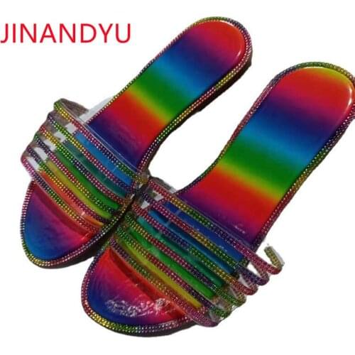 Crystal Summer Shoes Big Size 43 Flat Slippers Women Summer Fashion Sliders Shoes Women Leather Flat Shoes for Woman Slipper