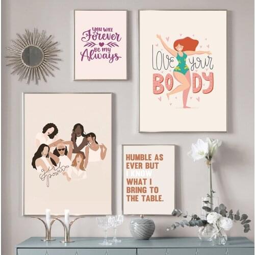 Nordic Fashion Girl Posters And Prints Abstract Women Love Your Body Canvas Painting Quote Wall Art Pictures Living Room Decor