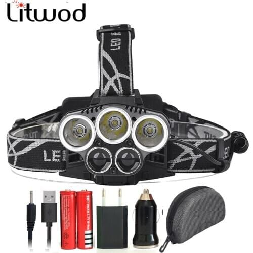 Led Headlamp 5 Led Headlight Micro USB Rechargeable 18650 Battery Head Flashlight Lamp Torch White & Blue Light for Fishing