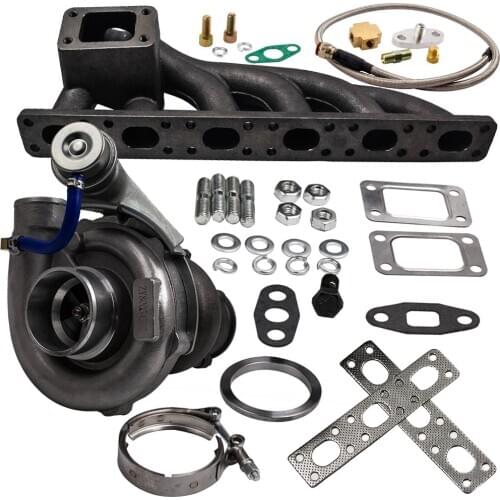 T04E T3 T4 .63 A/R Turbo Charger W/ Manifold for BMW E36 E46 323I 1997-1999+Turbo Bradied Oil Feed Inlien Line Kit
