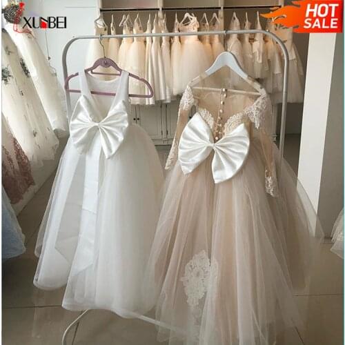 In Stock ! Lovely Lace Flower Girls Dresses Ball Gowns Kids First Communion Dress Princess Wedding Pageant Full Sleeves Dress