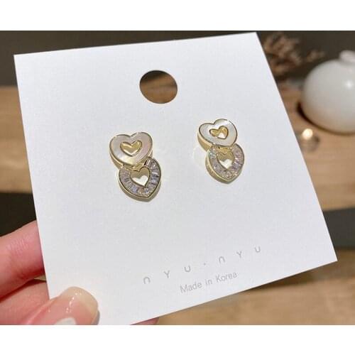 ALLNEWME Delicate Double Layers Shell Full Shinning CZ Stone Love Heart Pendant Earrings for Women Ladies Temperament Oorbellen