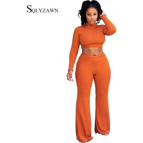 Women Knitted Sweater Fall Winter Two Piece Set Sexy Turtleneck Crop Top + Flare Pants Matching Bodycon Co Ords Outfit Plus Size