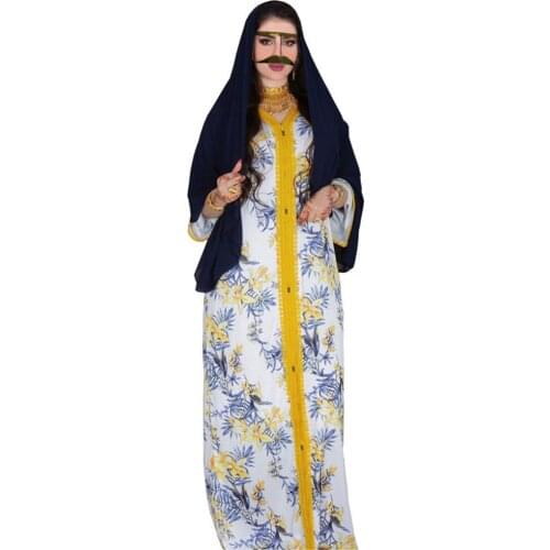 Ethnic Vintage Muslim Women Floral Print Long Dress Islamic Clothing Arab Abaya V-neck Ramadan Maxi Robe Gown Middle East Turkey