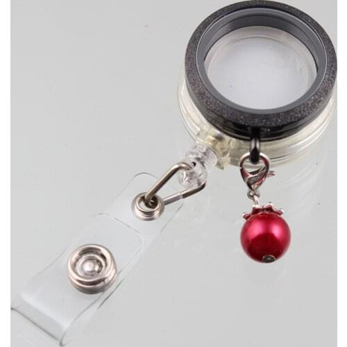5 Colors 30mm Sparkles Stainless Steel Screw Floating Locket With Red Pearl and Retractable ID Badge Holders