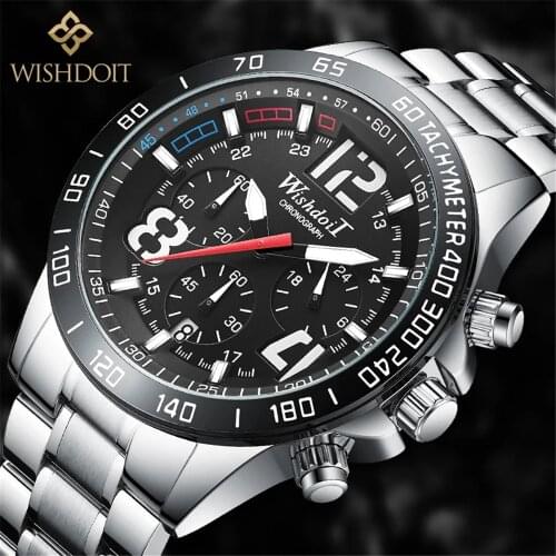 WISHDOIT New Fashion Men Wrist Watch Calendar Stainless Steel Top Brand Luxury Sports Chronograph Quartz Clock Relogio Masculino