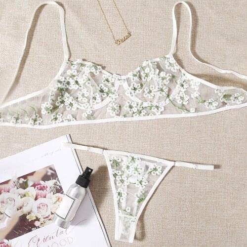 Floral Embroidery Bra Thong Sets Women Exotic Underwear White Transparent Mesh Lingerie Set Sexy Nightwear Bielizna Erotyczna