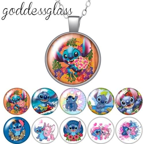 Disney Cute Lilo & Stitch Angel Round Glass glass cabochon silver plated/Crystal pendant necklace jewelry Gift