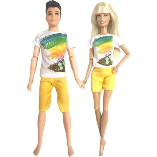 2 Pcs / Set Doll Couples Summer Color Shoes Pattern T-shirt + Yellow Shorts For Barbie Doll For Ken Doll Outfit Accessories 010A