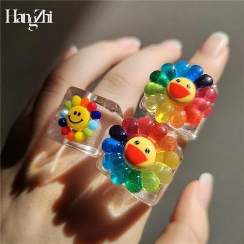 HANGZHI 2021 New Korean Summer Colorful Smiley Sunflower Resin Rainbow Square Rings for Women Girls Party Jewelry Gifts