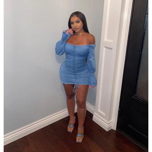 Hirigin Fall 2020 Blue Denim Off Shoulder Bell Sleeve Bodycon Dresses Women Party Night Club Long Sleeve Mini Dress