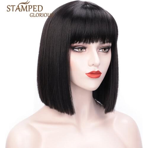 Stamped Glorious Synthetic Short Bob Wig with Bangs for Women High Temperature Black Pink Purple for Daily Party Cosplay Wigs