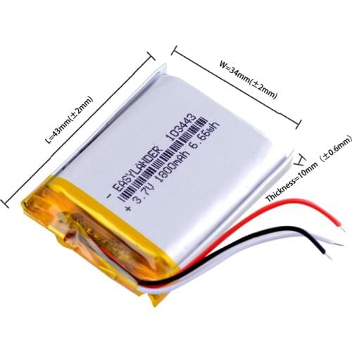 3wires 103443 1800mAh 3.7V Lithium Polymer Battery For Drift Stealth 2 Action Camera Bluedio R + MP3 MP4 MP5 GPS DVR
