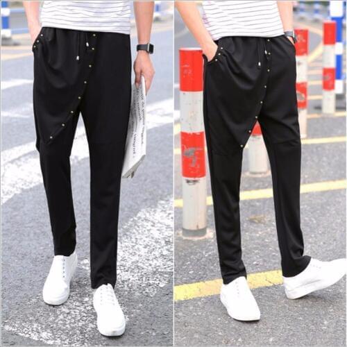 M-5xl New Mens Non-mainstream Fashion Harem Pants Slim Skinny Pants Personality Tide Faux Two Piece Trousers Singer Costumes