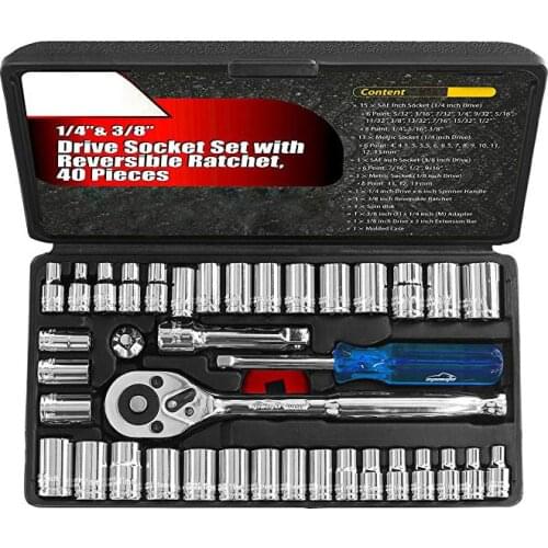 1/4-Inch & 3/8-Inch Drive Socket Set with Quick Release Reversible Ratchet Handle and Swappable Spanners Sockets