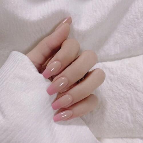 24PCS Artificial Nails With Glue Gradient Color Ballet Medium Length Fake Nails Bright Color White Wearing Wearable Fingernail
