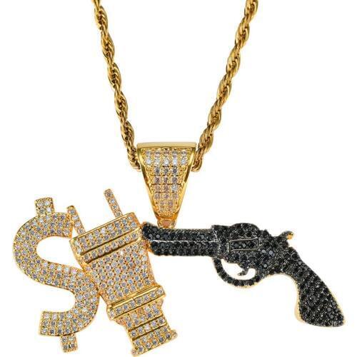 Hip Hop Micro Pave AAA Cubic Zirconia Iced Out Bling Gold Dollars Plug Gun Pendants Necklace for Men Women Rapper Jewelry