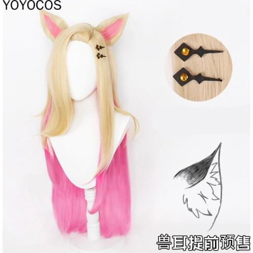 YOYOCOS LOL 2020 KDA Ahri Cosplay Wig KDA The Baddest Blonde Mixed Pink Hair with Ears Headwear Heat Resistant Synthetic Hair
