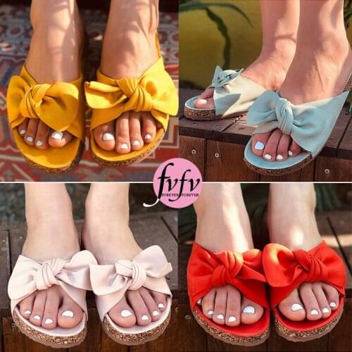 [fvfv]Slippers Women Slides Bow Summer Sandals Bow-Knot Slippers Thick Soles Flat Platform Female Floral Beach Shoes Flip Flops