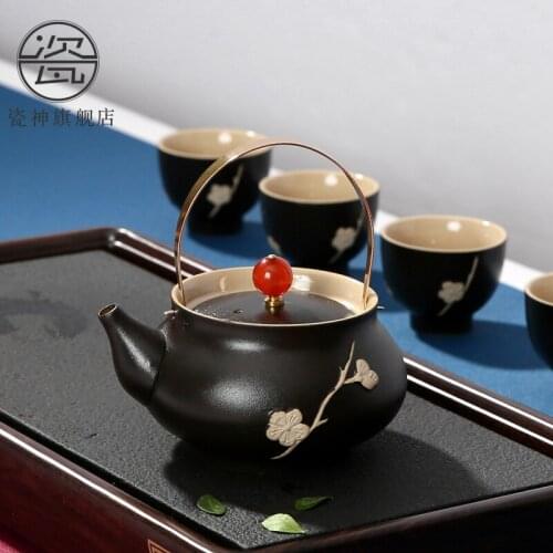 Japanese household coarse pottery ceramic teapot kungfu portable tea pot lifting water pot rough pottery making teaware ceremony