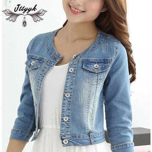 Autumn Cotton Denim Jacket Women 2021 Slim O neck 7 sleeves Short Jeans Jacket Vintage Coats Women Large size chaqueta mujer 390