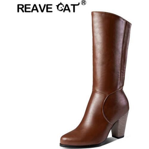 REAVE CAT New Western boots Mid calf Thick heels Zipper Female Leather Shoes Large size Block Heel Booties black white size 46